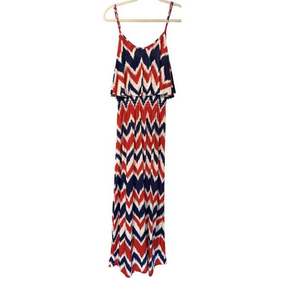 West Loop Patio Maxi Dress Chevron Print Red White Blue Spaghetti Straps Medium - Picture 4 of 5